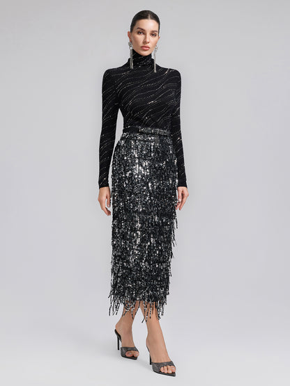 Crystal-Embellished Stretch Wool Turtleneck Top