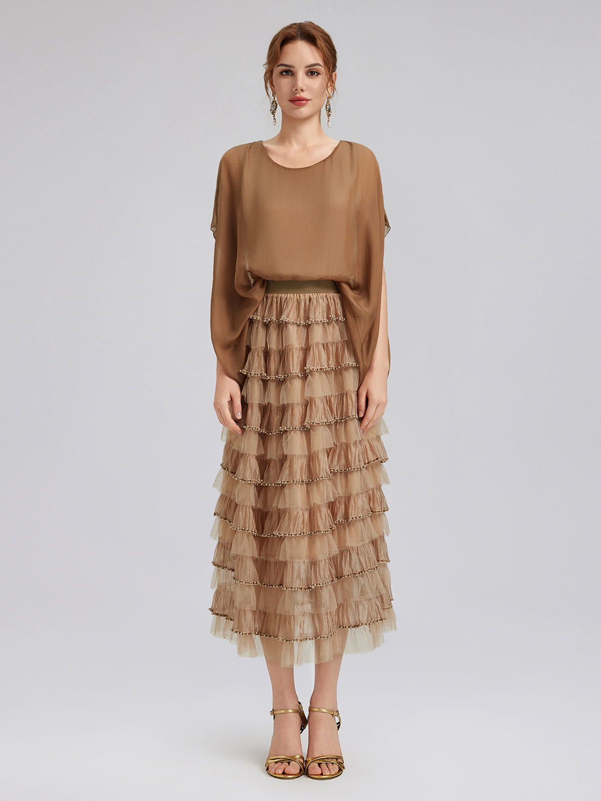 Beaded Layered Tulle Elastic-Waist Skirt