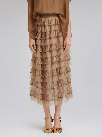 Beaded Layered Tulle Elastic-Waist Skirt