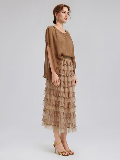 Beaded Layered Tulle Elastic-Waist Skirt