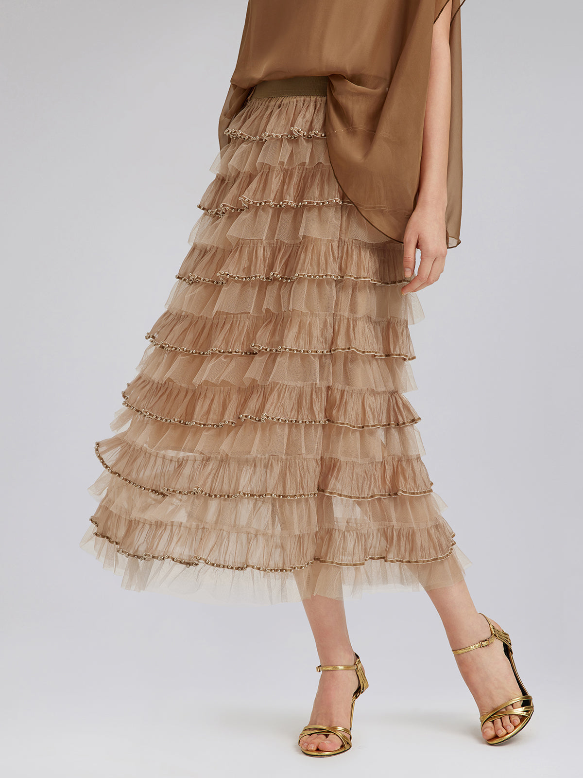 Beaded Layered Tulle Elastic-Waist Skirt