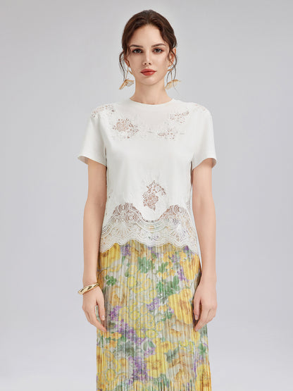 Fashion Lace-Trimmed Cotton Tee