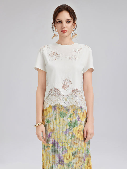Fashion Lace-Trimmed Cotton Tee