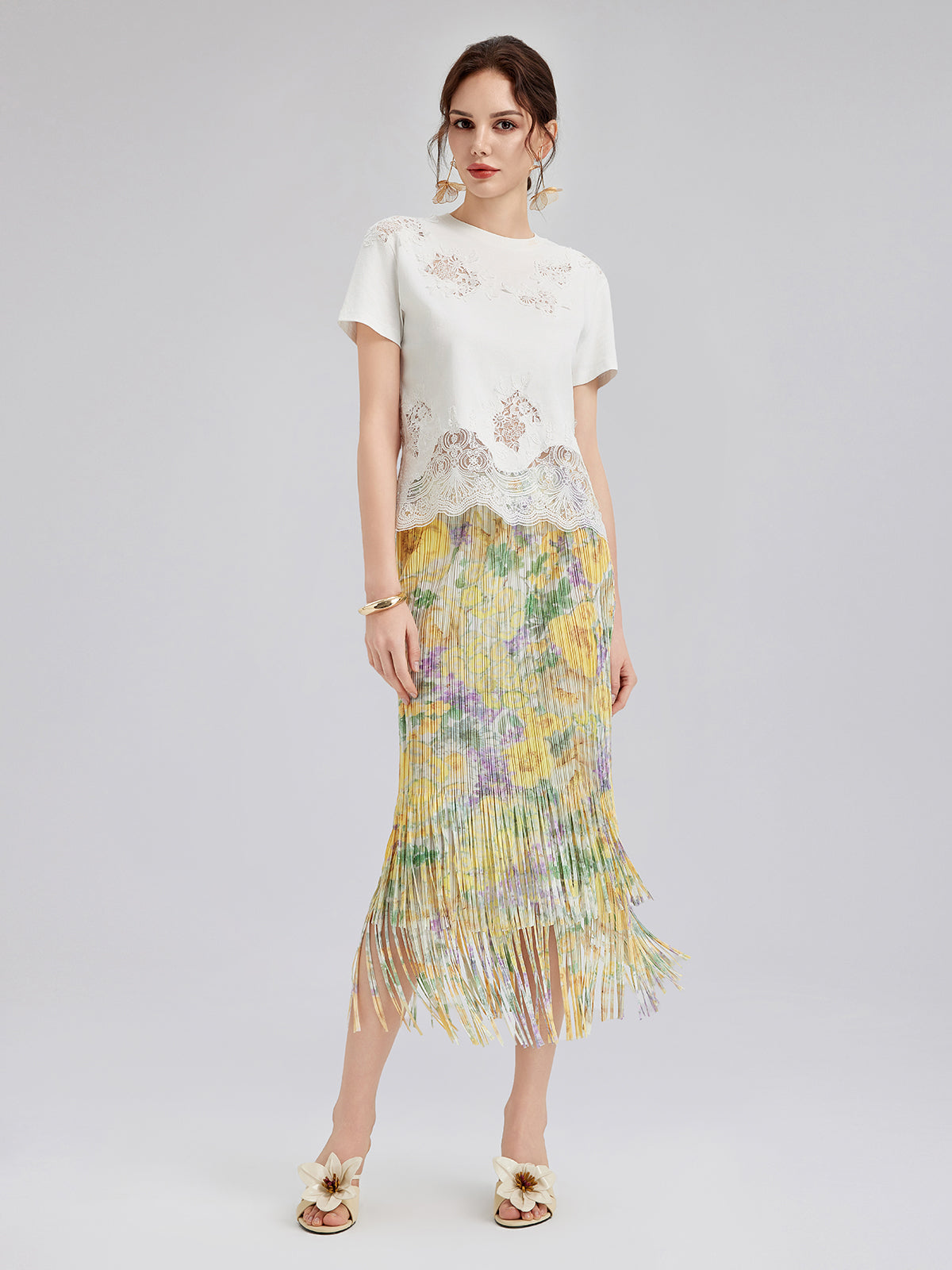 Elegant Floral Pleated Fringe Skirt