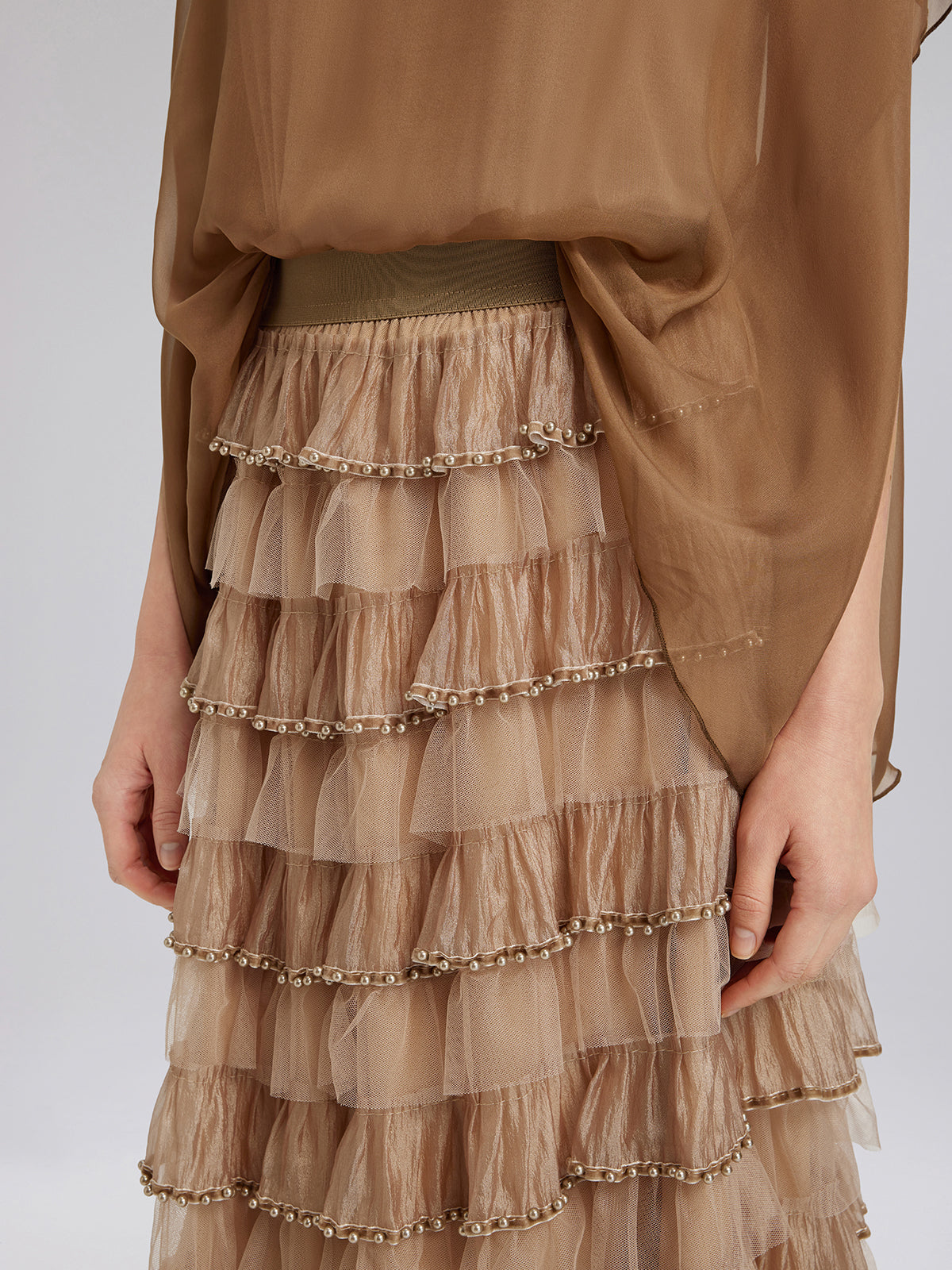 Beaded Layered Tulle Elastic-Waist Skirt