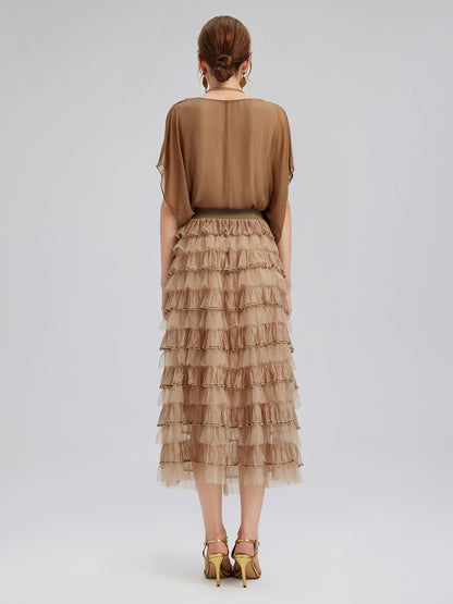 Beaded Layered Tulle Elastic-Waist Skirt