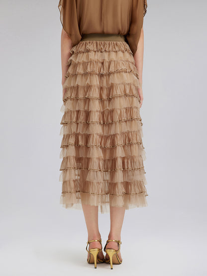 Beaded Layered Tulle Elastic-Waist Skirt