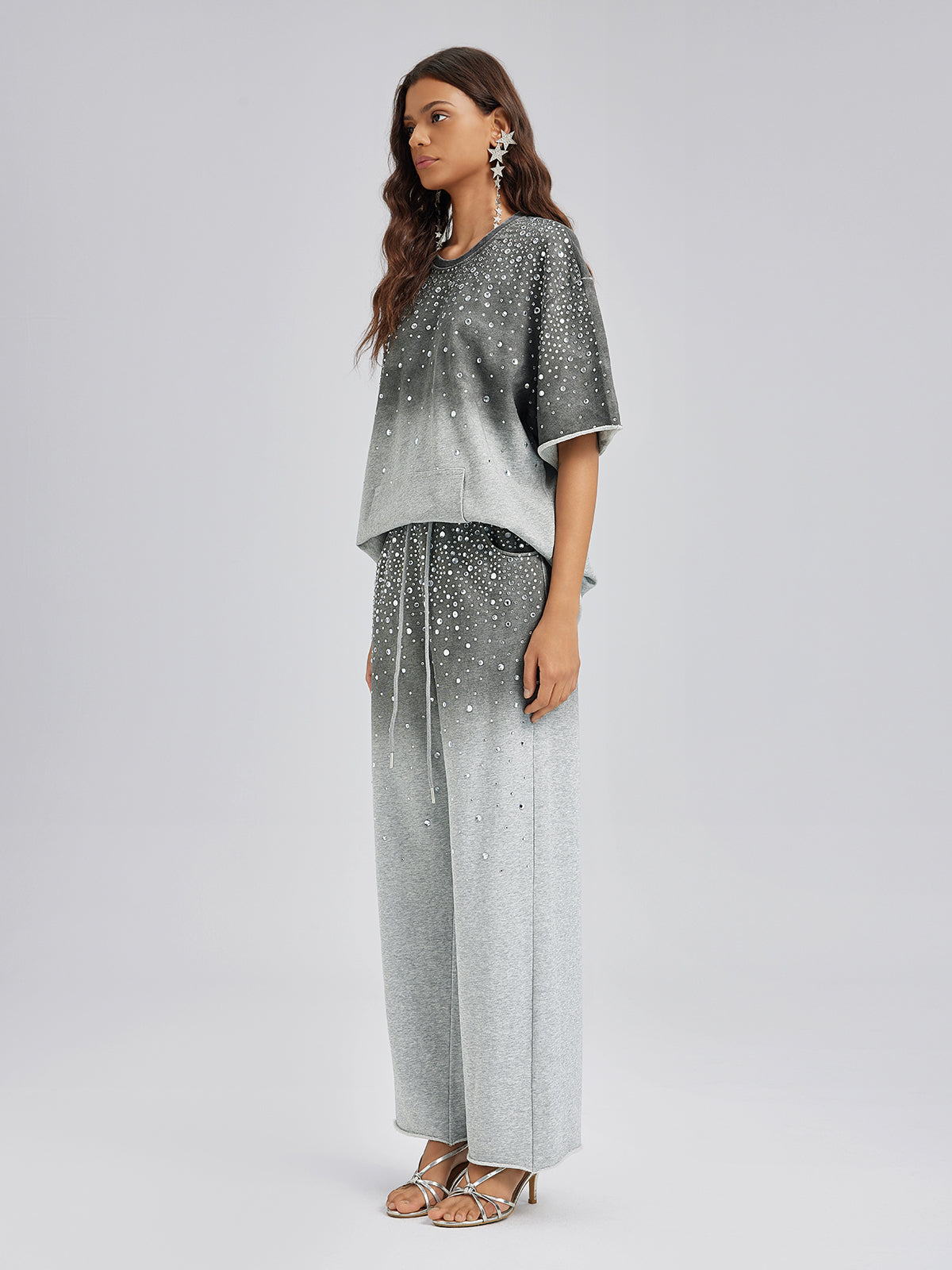 Ombre Rhinestones Washed Knit Pants