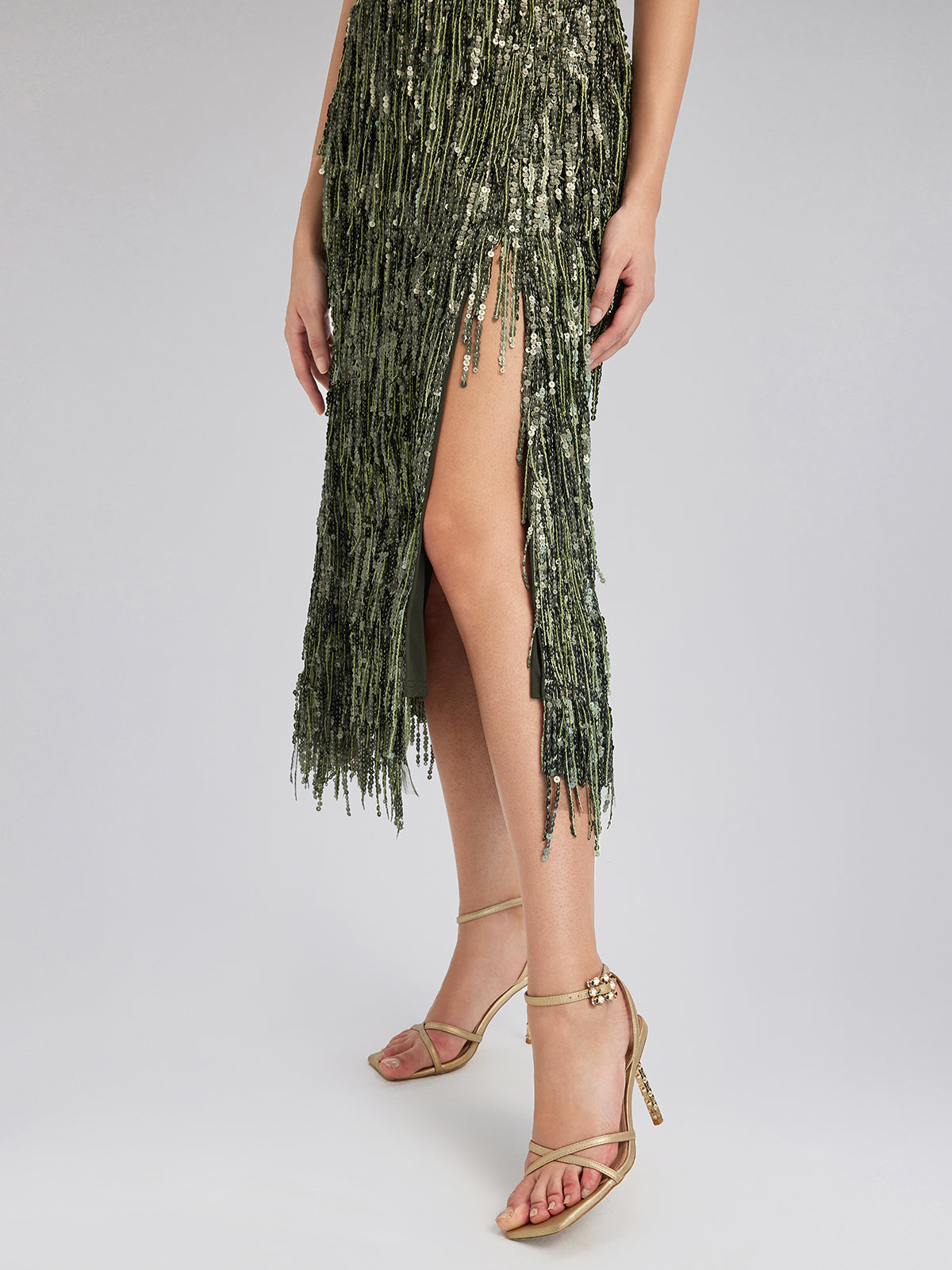 Handcrafted Sequin Fringe Front-Slit Mermaid Skirt