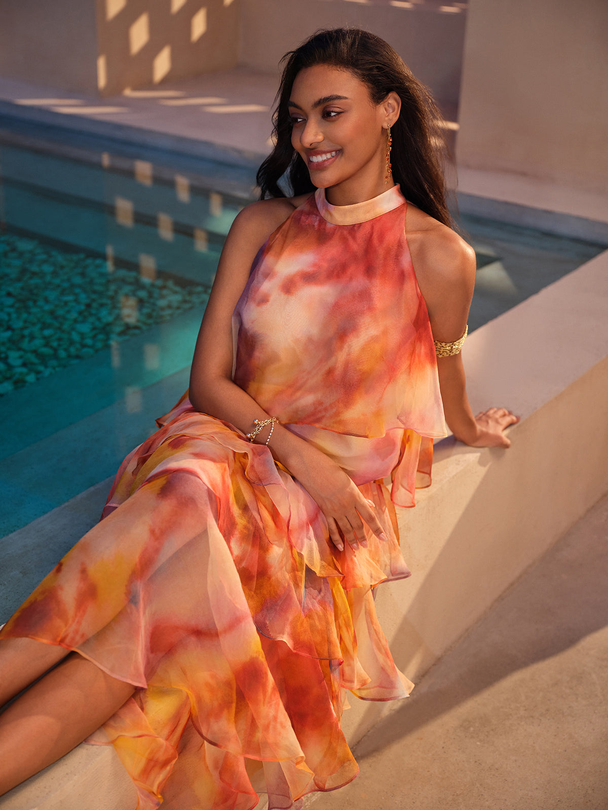 Silk Tie-Dye Ruffled Vacation Skirt