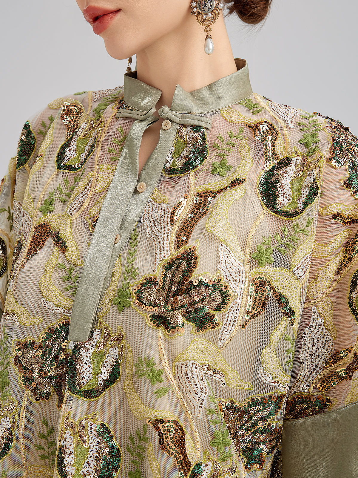 Sequin Lace Mock Neck Blouse