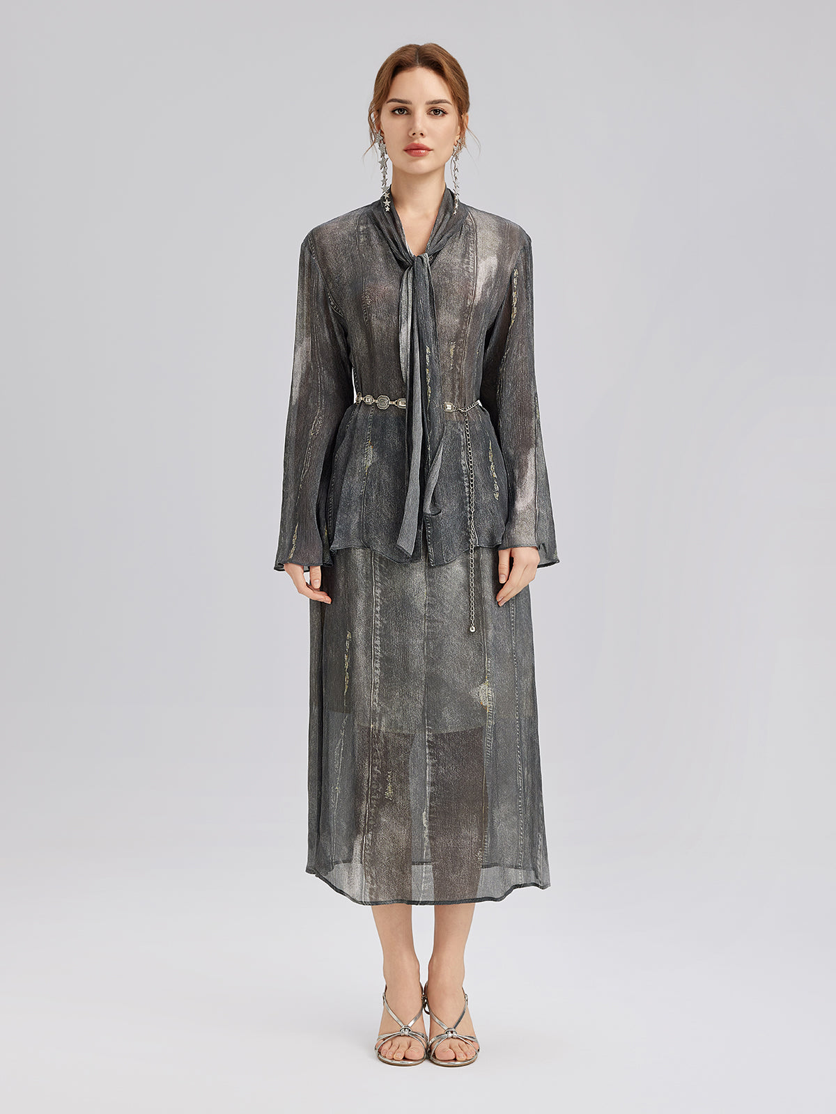Washed Faux Denim Midi Skirt