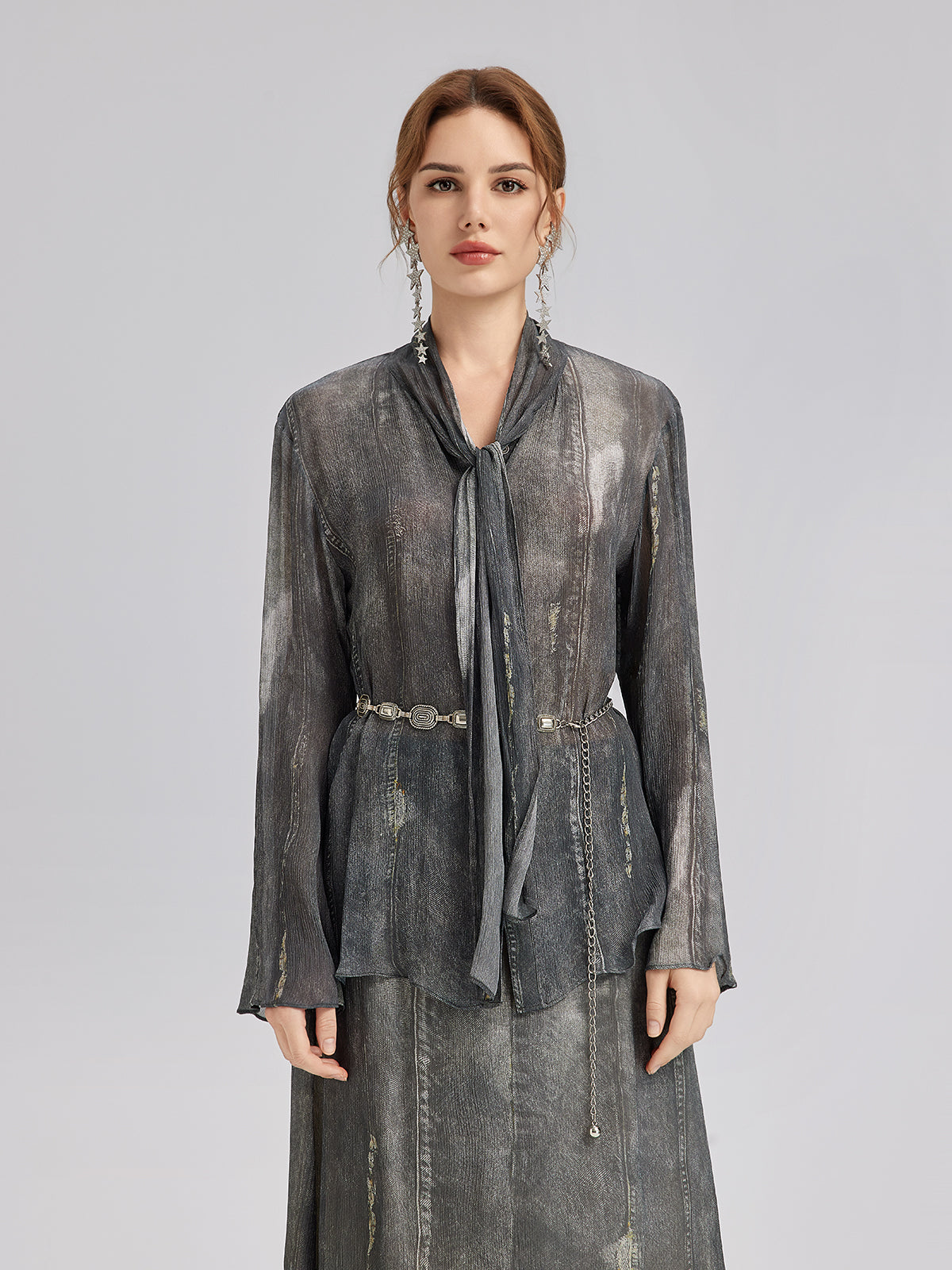 Faux Denim Washed Tie Blouse