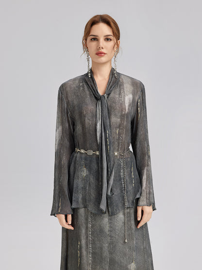 Faux Denim Washed Tie Blouse