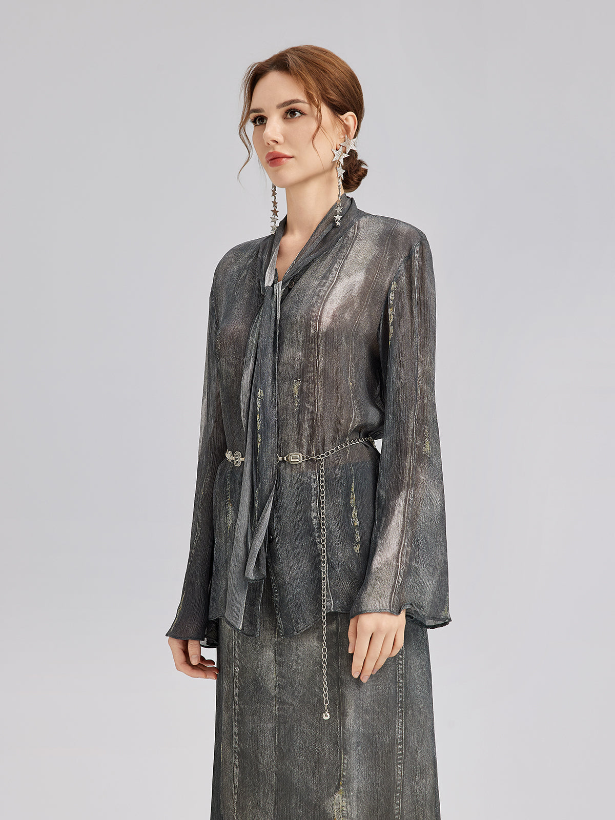 Faux Denim Washed Tie Blouse