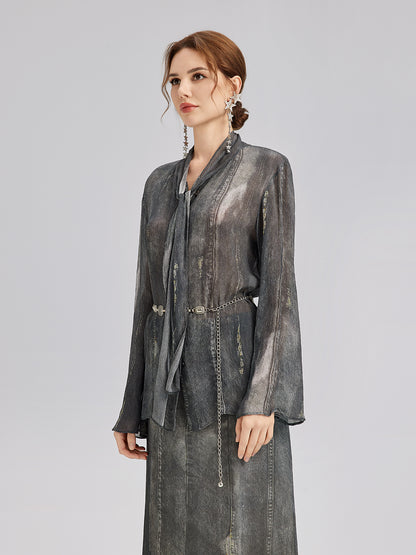 Faux Denim Washed Tie Blouse