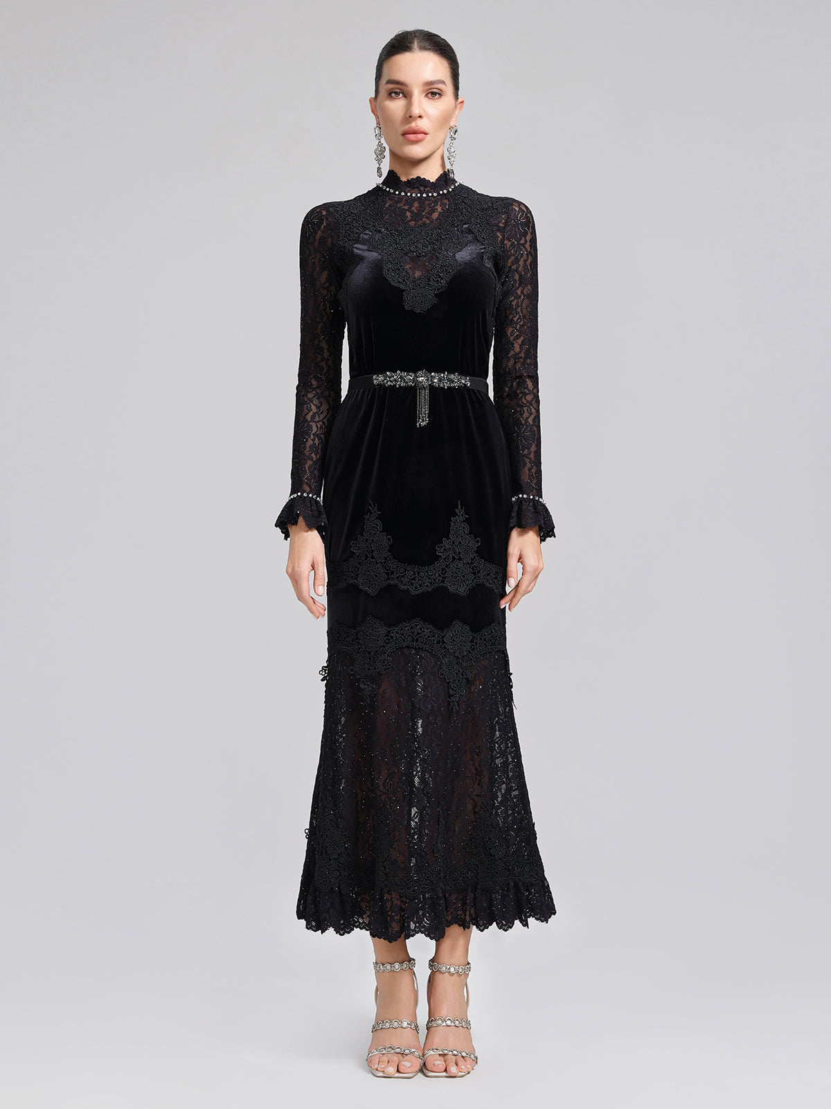Hand-Beaded Sequin Lace & Velvet Panel Top