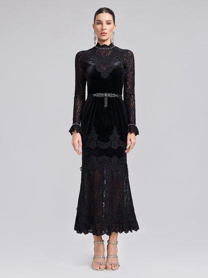 Hand-Beaded Sequin Lace & Velvet Panel Top