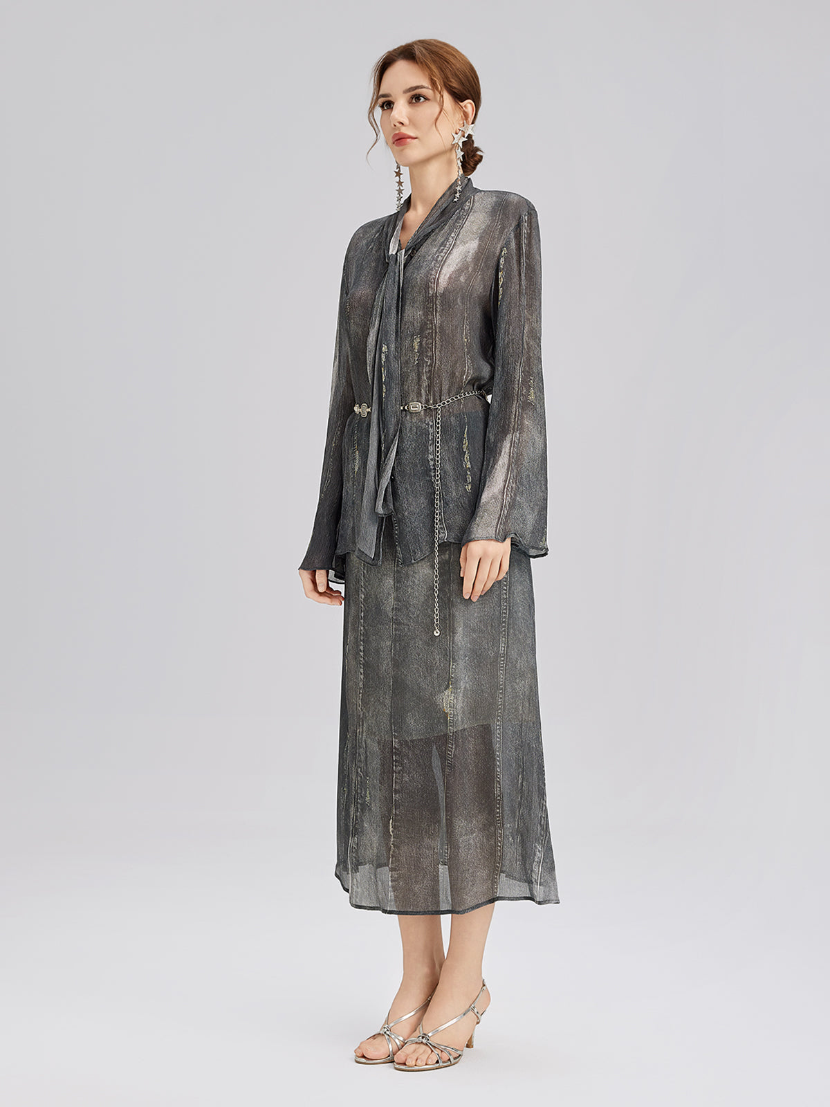 Washed Faux Denim Midi Skirt