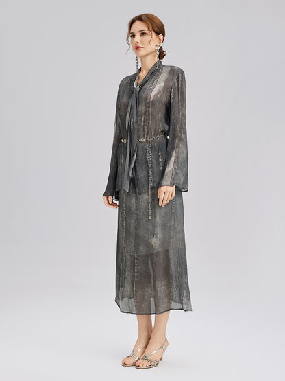 Washed Faux Denim Midi Skirt