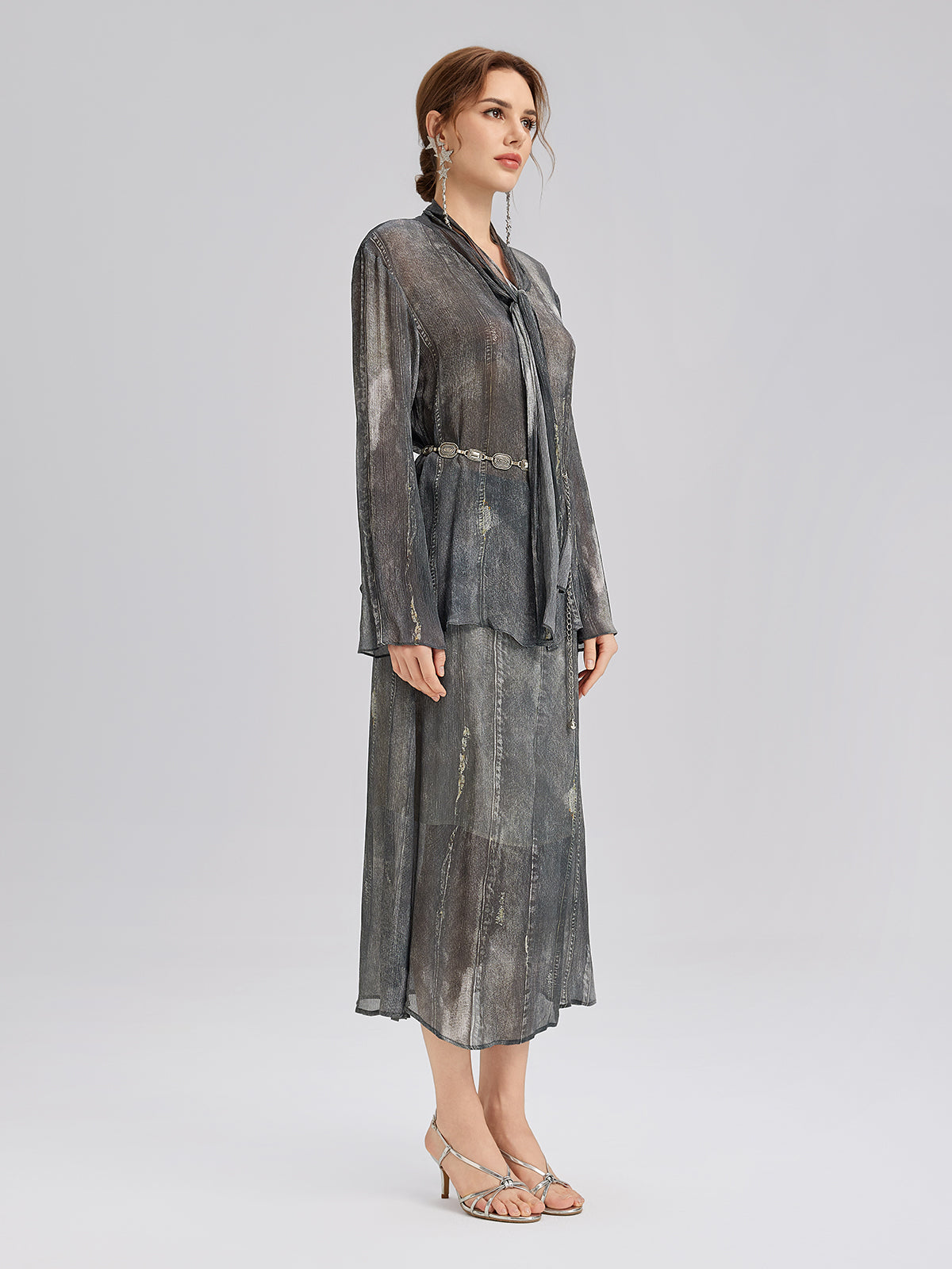 Washed Faux Denim Midi Skirt