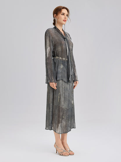 Washed Faux Denim Midi Skirt