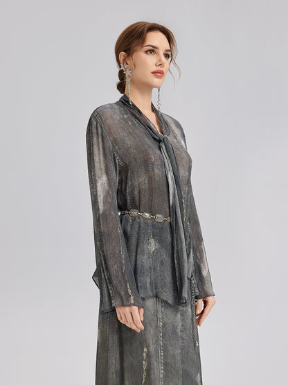 Faux Denim Washed Tie Blouse