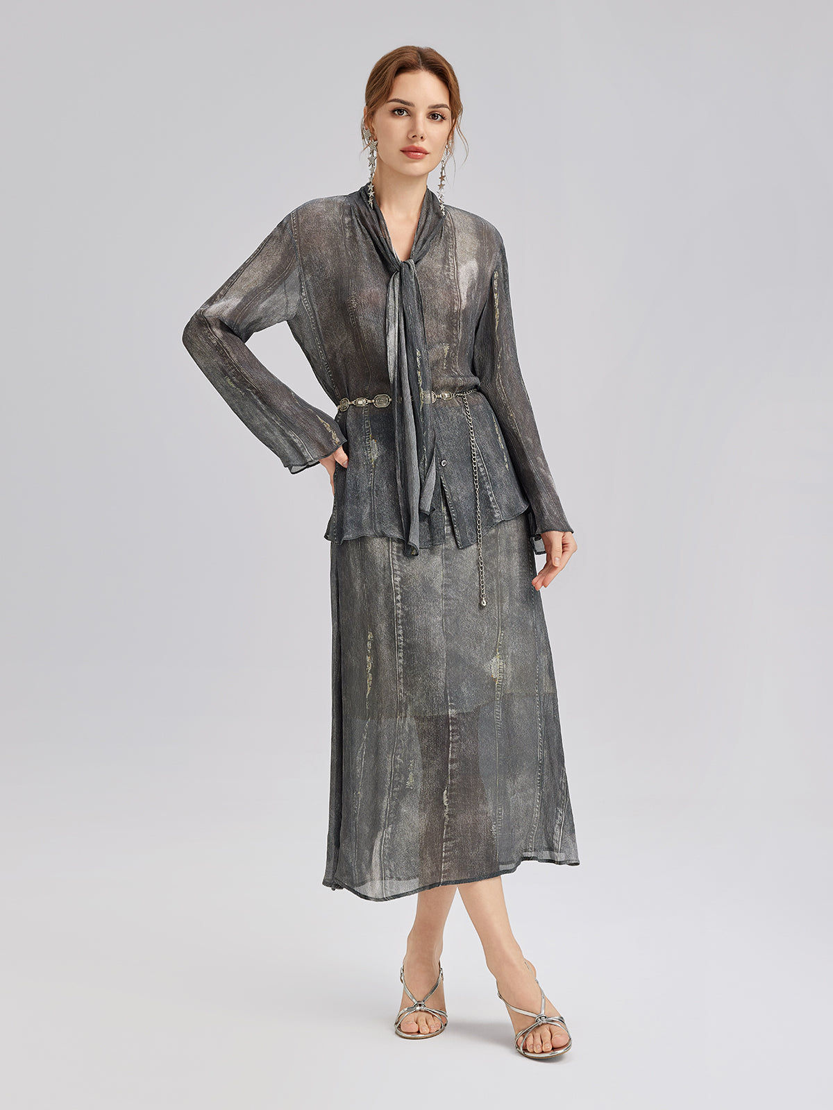 Washed Faux Denim Midi Skirt