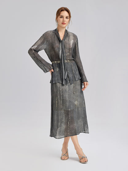 Washed Faux Denim Midi Skirt