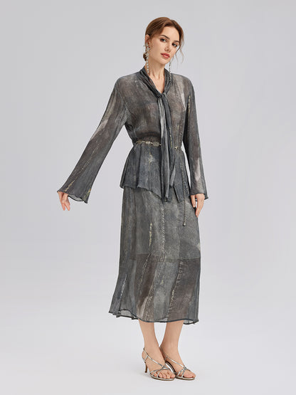 Washed Faux Denim Midi Skirt