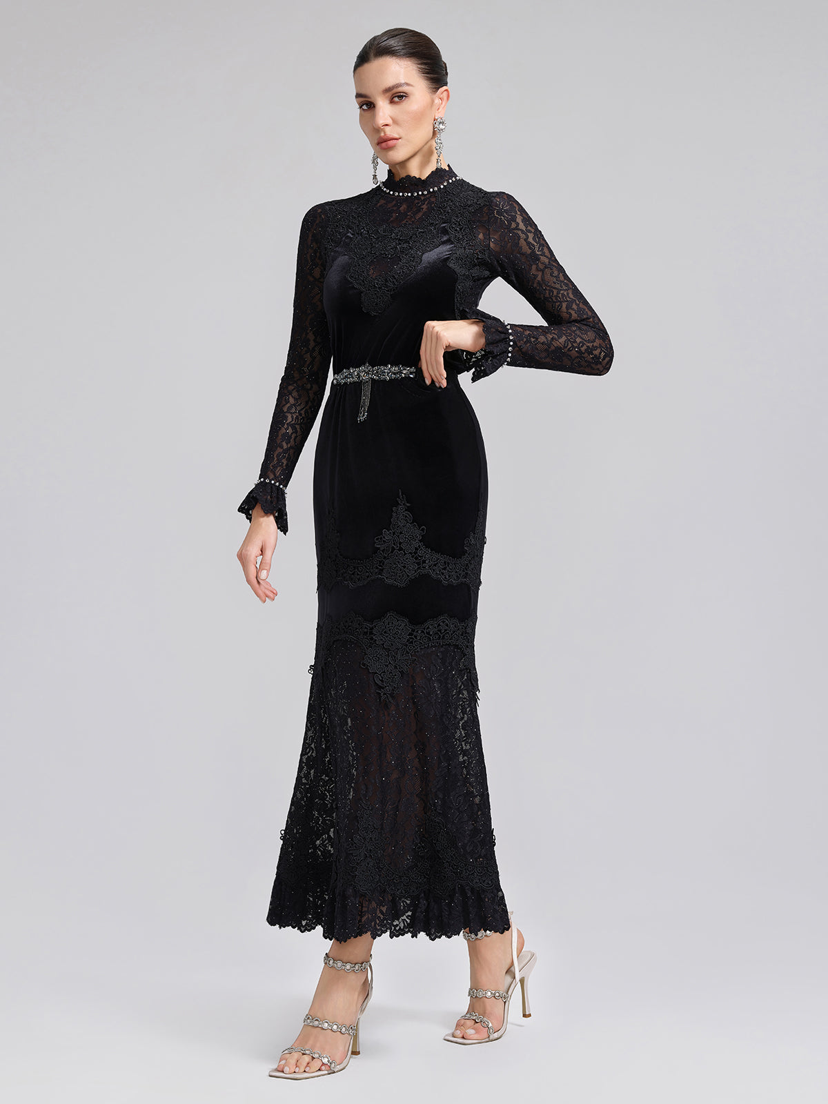 Hand-Beaded Sequin Lace & Velvet Panel Top