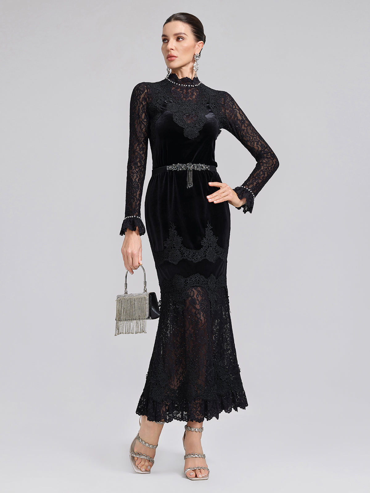Hand-Beaded Sequin Lace & Velvet Panel Top