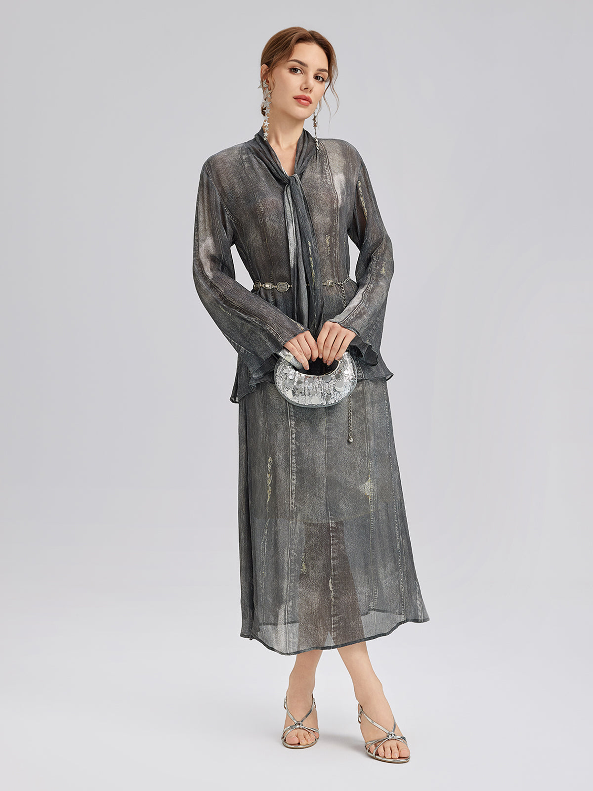 Faux Denim Washed Tie Blouse