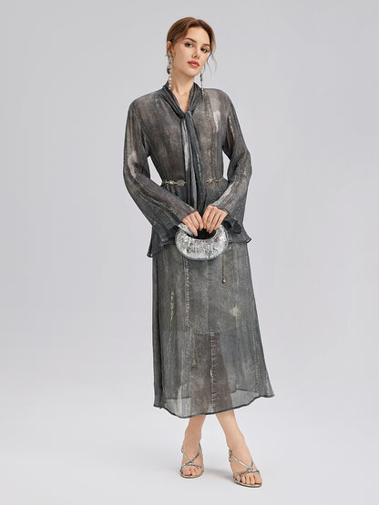Faux Denim Washed Tie Blouse