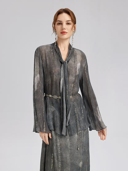 Faux Denim Washed Tie Blouse