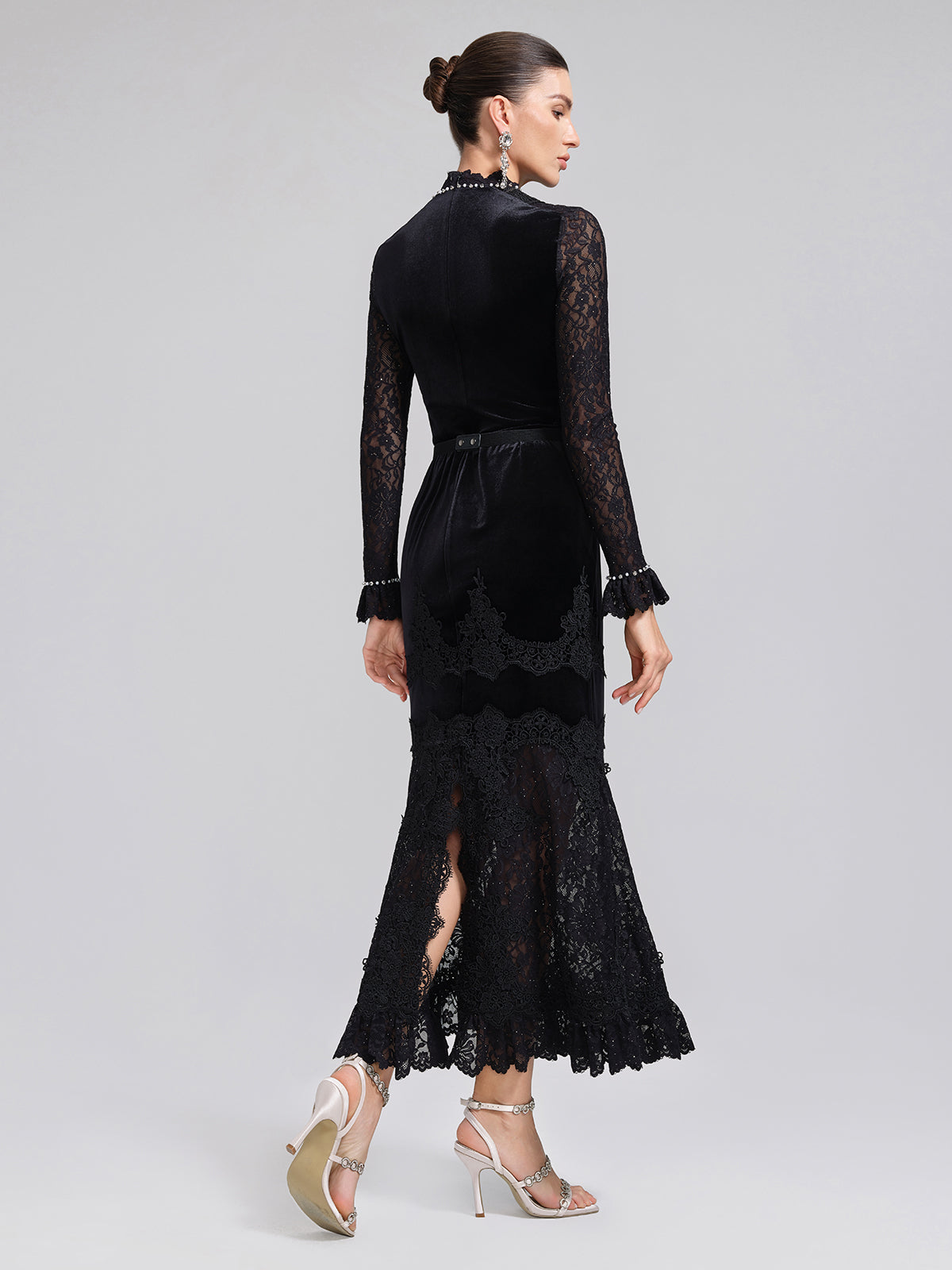 Hand-Beaded Sequin Lace & Velvet Panel Top