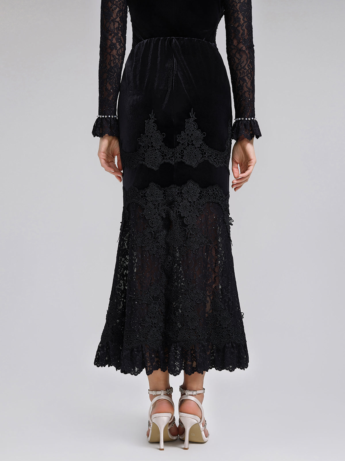 Sequin Lace Velvet Panel Fishtail Skirt