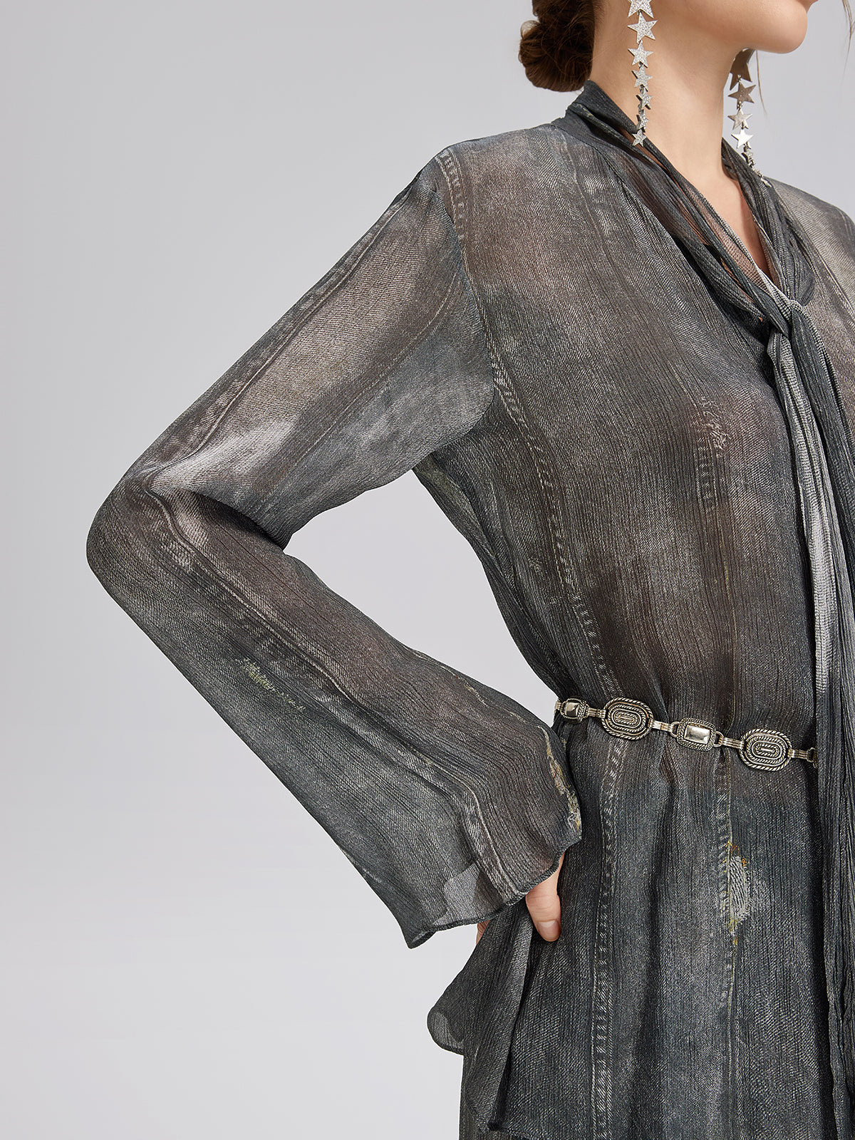 Faux Denim Washed Tie Blouse