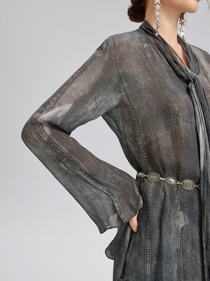 Faux Denim Washed Tie Blouse