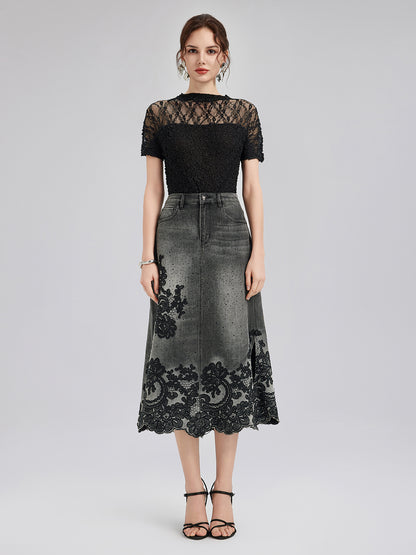 New Embroidered Rhinestone Denim Skirt