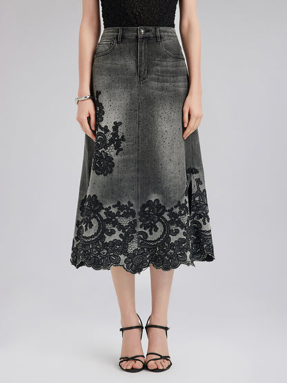 New Embroidered Rhinestone Denim Skirt