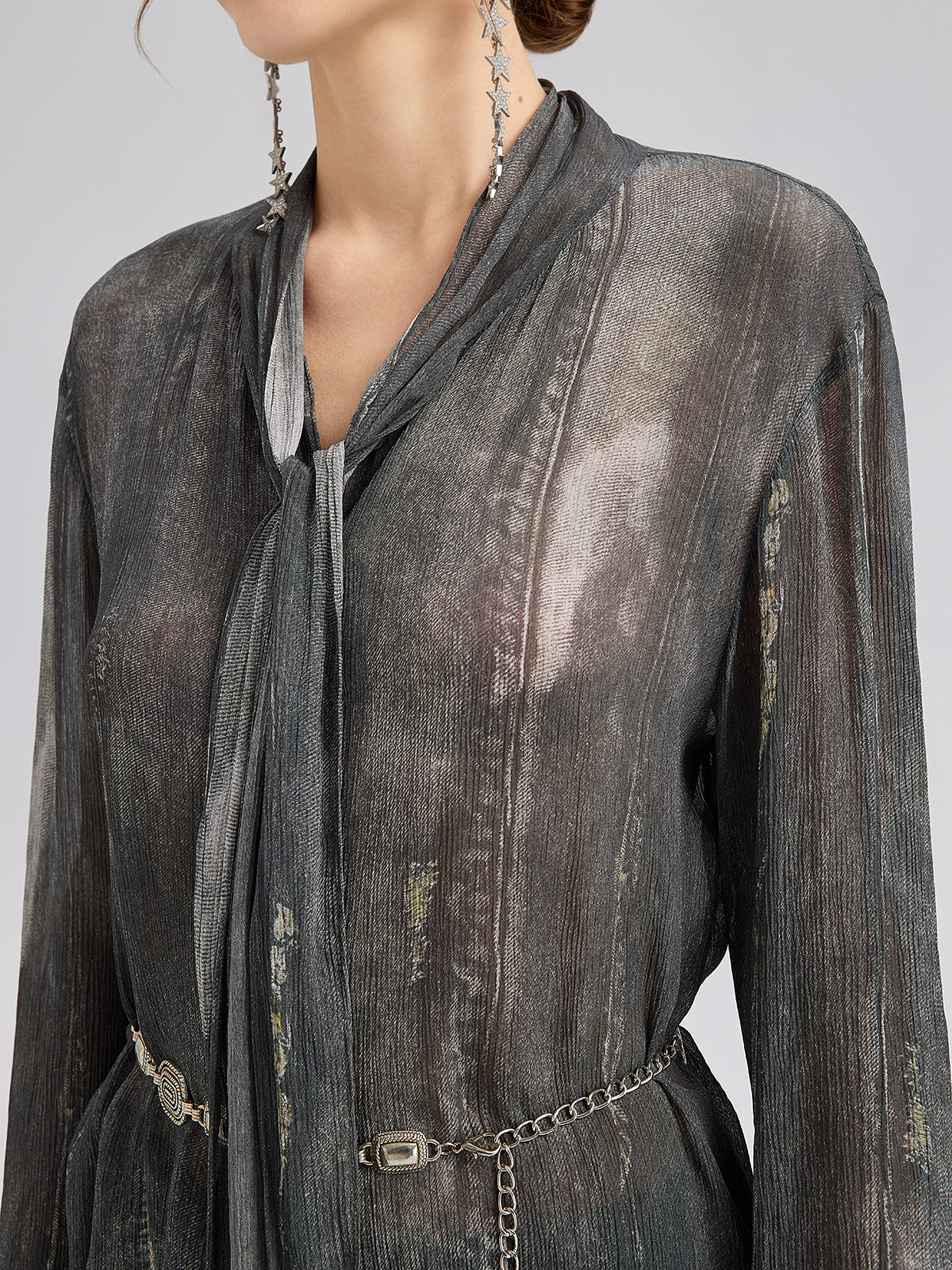 Faux Denim Washed Tie Blouse