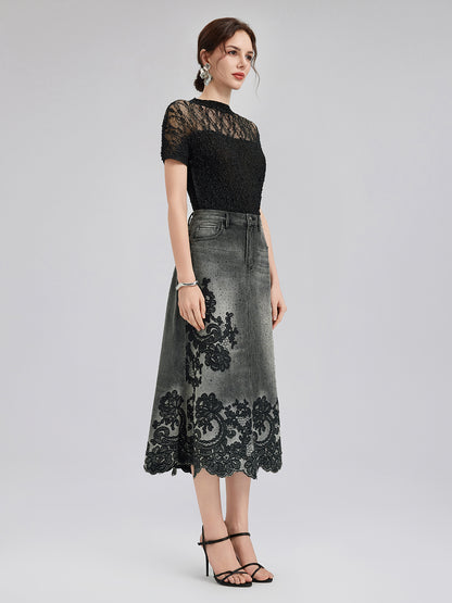 New Embroidered Rhinestone Denim Skirt