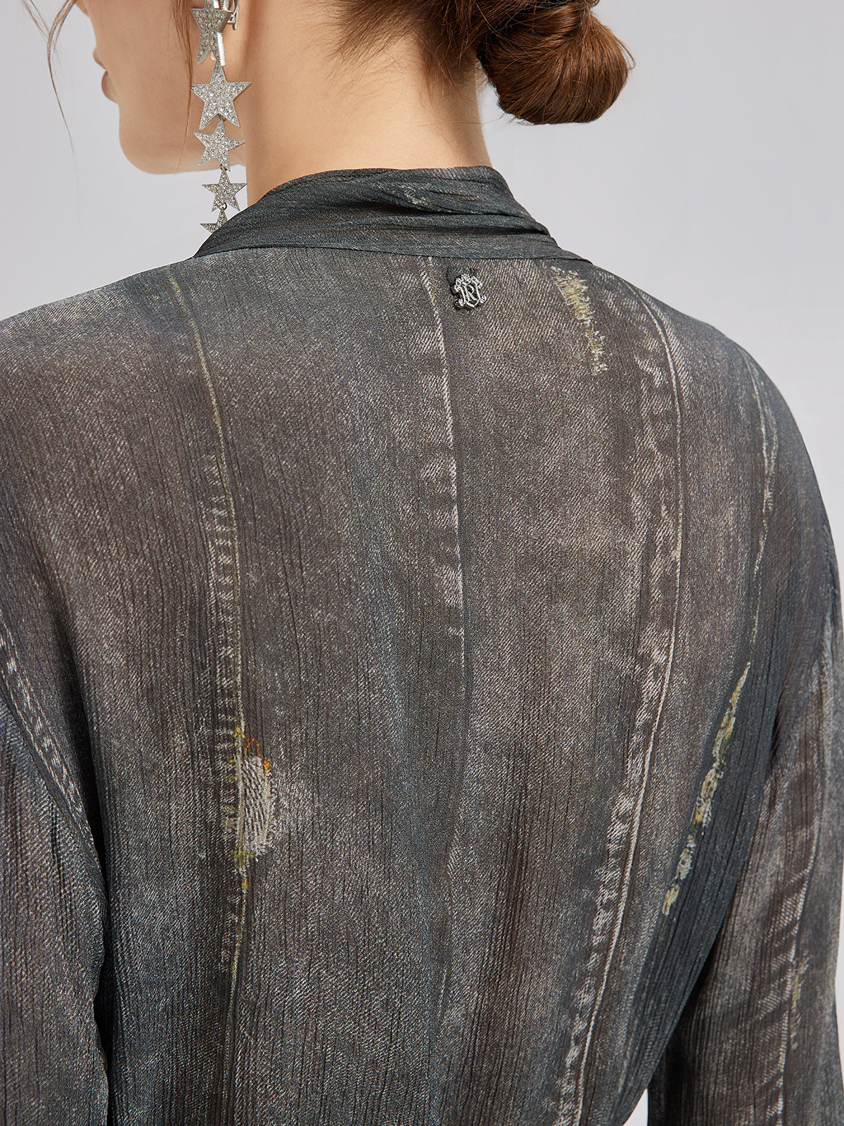 Faux Denim Washed Tie Blouse