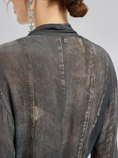 Faux Denim Washed Tie Blouse