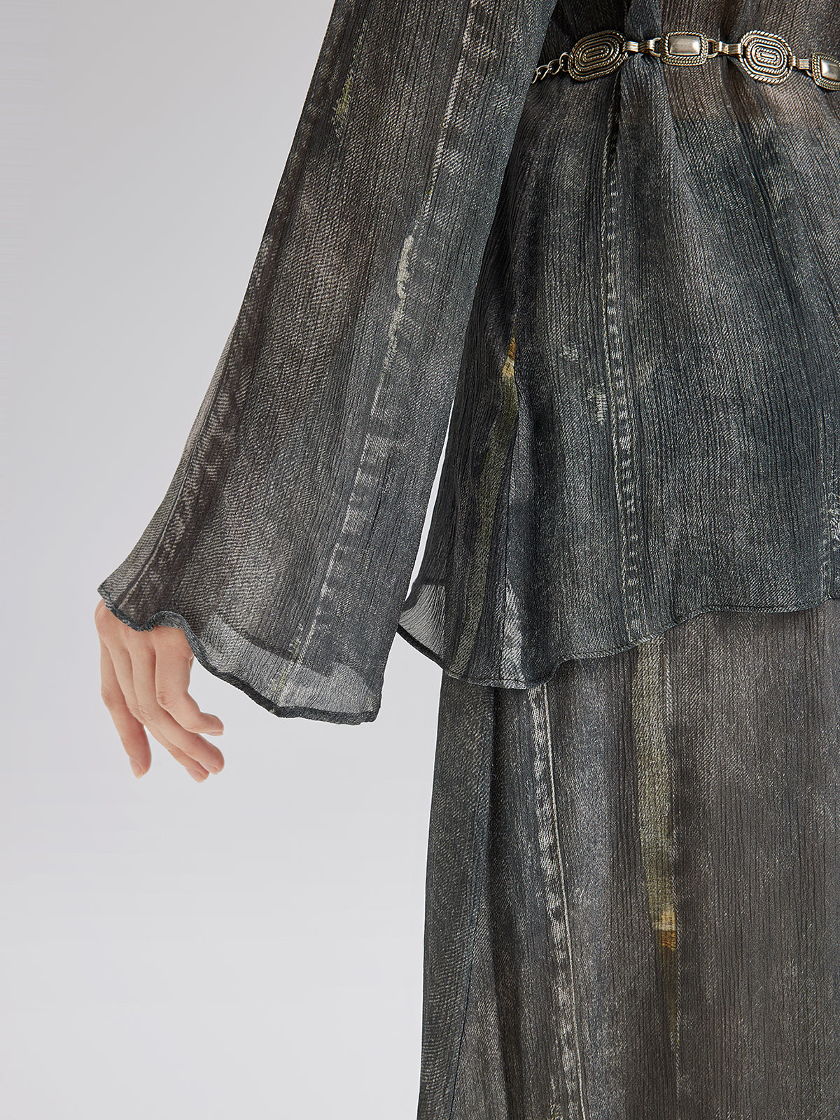 Faux Denim Washed Tie Blouse