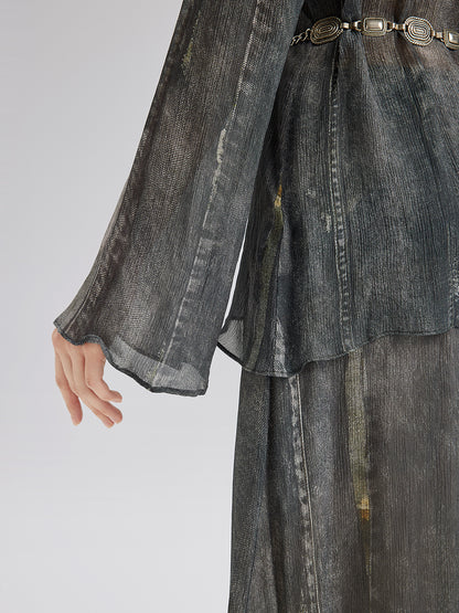 Faux Denim Washed Tie Blouse