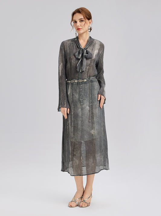 Faux Denim Washed Tie Blouse