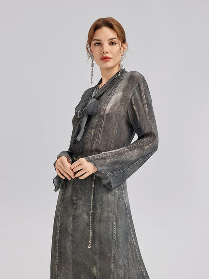 Faux Denim Washed Tie Blouse