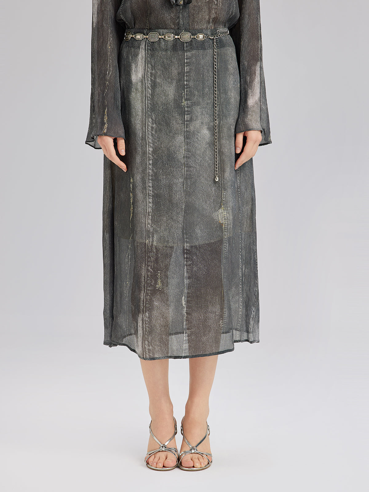 Washed Faux Denim Midi Skirt